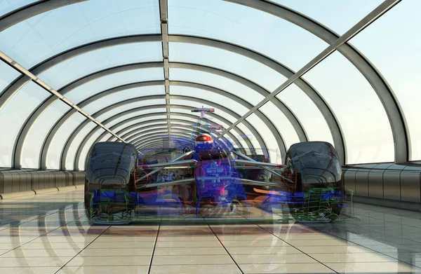 玻璃隧道中的透明汽车3D渲染 — 图库照片