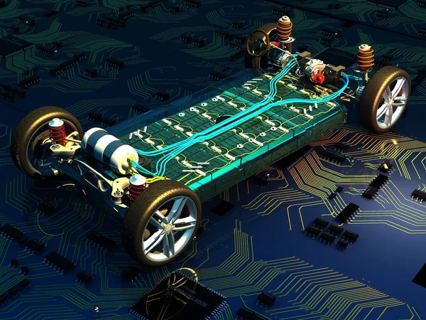 Mikroçiplerin Arka Planında Elektrikli Araba Modeli Hazırlayıcı — Stok fotoğraf
