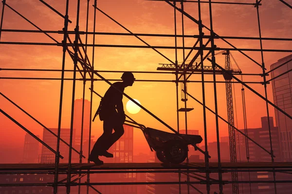 Silhouette Worker Wheelbarrow Construction Site Render — Fotografia de Stock