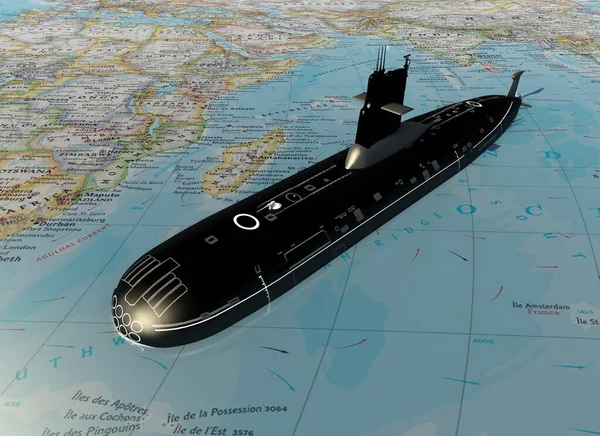 Ubåt Världskartan Render — Stockfoto