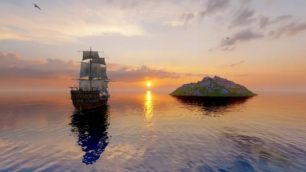 Oldtimer Segelboot Meer Bei Sonnenuntergang — Stockfoto