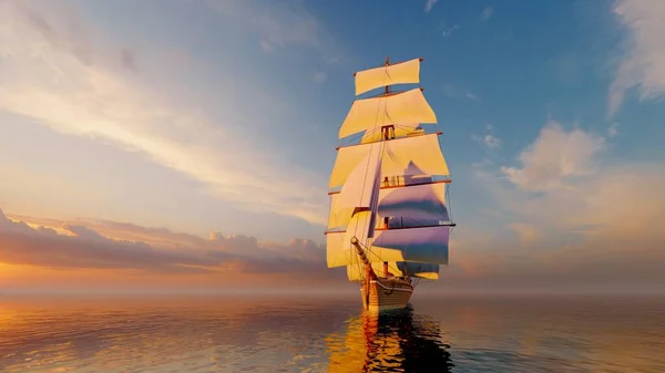 在海里航行的老式帆船 3D渲染 — 图库照片