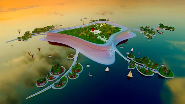 城市在水面上 3D渲染 — 图库照片