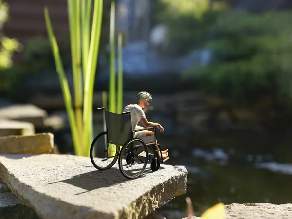 Ένας Άντρας Αναπηρικό Καροτσάκι Στη Λίμνη — Φωτογραφία Αρχείου