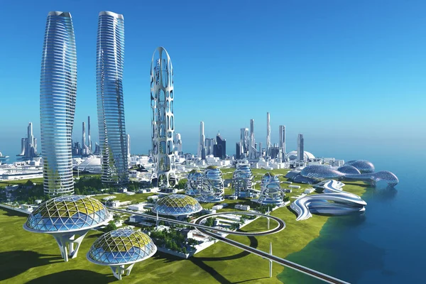 33D Sahil Şeridindeki Gelecek Şehir — Stok fotoğraf