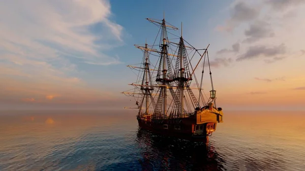 海の中を航海するヴィンテージ帆船 3Dレンダリング — ストック写真