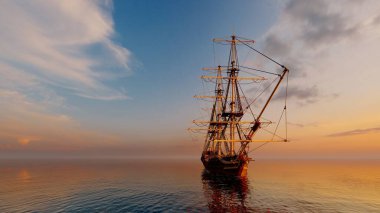 Denizde yelken açan klasik yelkenli.