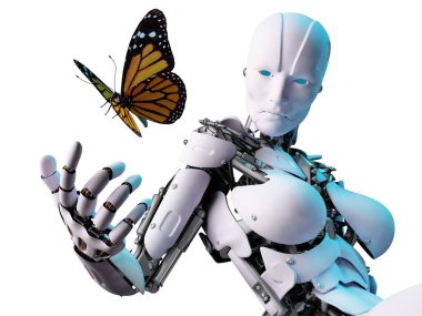 Beyaz arka planda bir robot ve bir kelebek, 3D görüntüleme