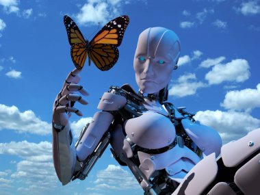 Robot ve bir kelebek mavi arka planda, 3D görüntüleme