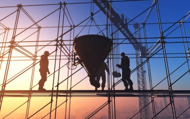 İşçilerin silueti gökyüzünün arka planında, 3D görüntüleme
