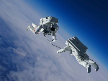 Gezegenin arka planında iki astronot NASA tarafından döşenmiş bu görüntünün elementleri,