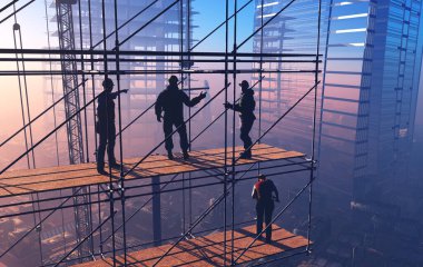 İşçiler şehrin arka planına karşı, 3D görüntüleme