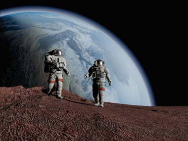 Gezegen üzerinde bir grup astronot, 