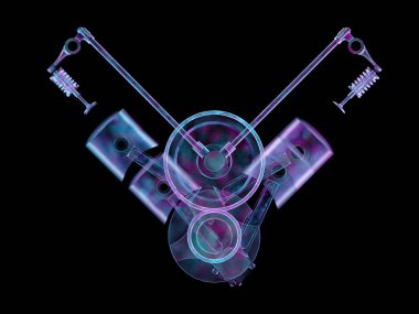 Çizimin arka planındaki arabanın motoru., 3d render