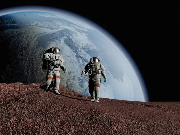 Gruppo Astronauti Sono Sul Pianeta Rendering Elementi Questa Immagine Forniti Immagine Stock