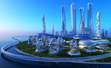 Gelecekten gelen fantastik bir şehir. 3D görüntüleme.