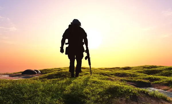 Silueta Unui Soldat Apusul Soarelui Render — Fotografie, imagine de stoc