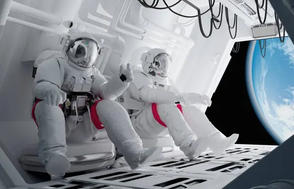 飞船内的小组宇航员 3D渲染 免版税图库图片