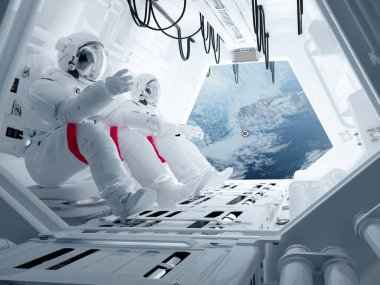 Uzay aracının içinde grup astronotları... 3D görüntüleme