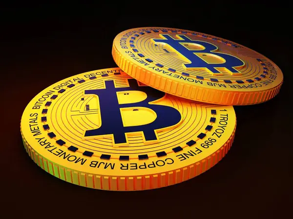 Bitcoin Érmék Fekete Háttérrel Render — Stock Fotó