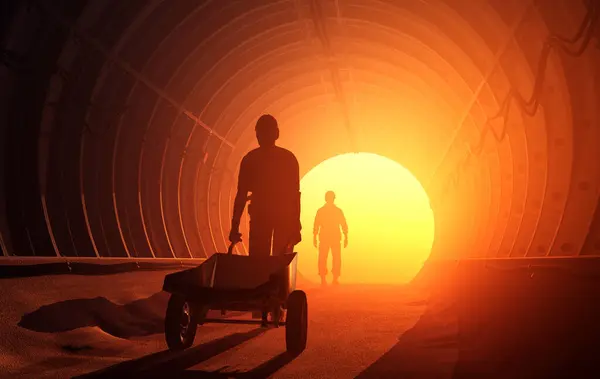 鉱山に車輪付きの鉱山労働者 3Dレンダリング ロイヤリティフリーのストック写真