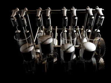 Aracın siyah arka plandaki motoru., 3D render