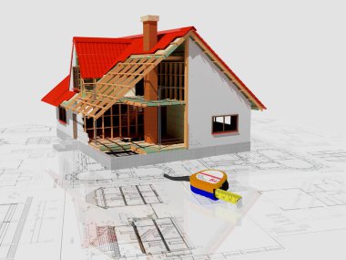 Beyaz arka plandaki model kulübe, 3D görüntüleme.