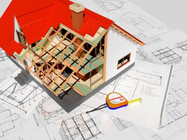 Beyaz arka plandaki model kulübe, 3D görüntüleme.