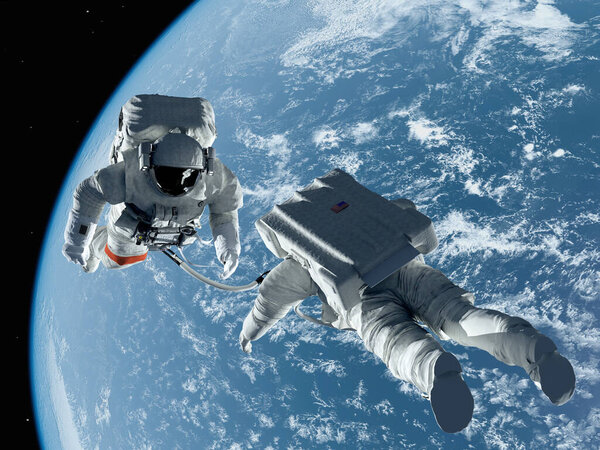 Два астронавта в космосе на фоне планеты... "Elemen ts of this image furnished by NASA", 3d render