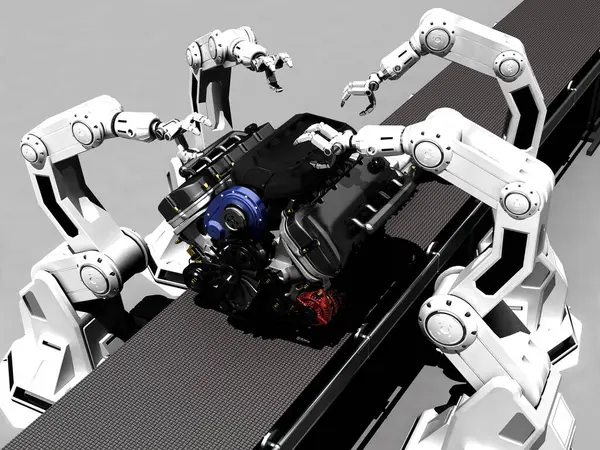 Robot Lavorano Sulla Catena Montaggio Rendering Foto Stock