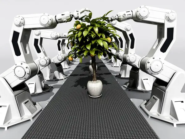 Mekaniska Robotar Samlar Apelsiner Från Trädet Render Royaltyfria Stockbilder