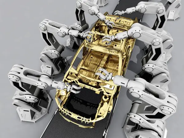 Група Роботів Зібрала Сучасний Автомобіль Рендеринг Ліцензійні Стокові Фото