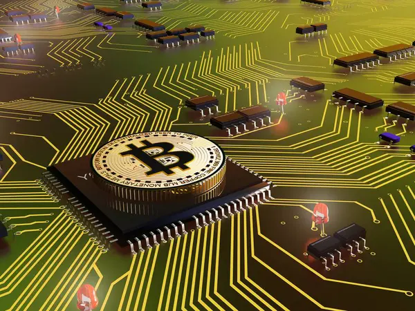 Bitcoin Coins Board Chips Render Fotos de stock