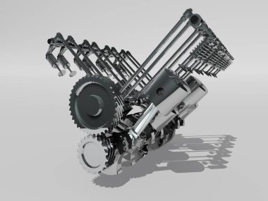 Aracın motoru beyaz arka planda, 3 boyutlu.