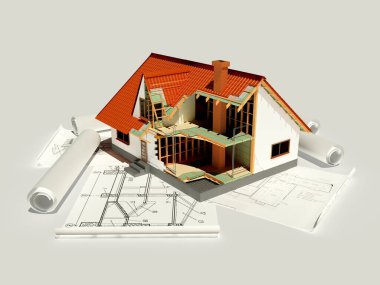 Beyaz arka plandaki model kulübe, 3D görüntüleme.