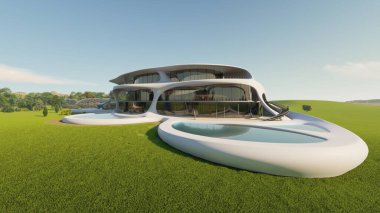 Yeşil bir alanda fantastik bir bina.