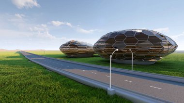 Yeşil çimen arka planda modern kulübe, 3D render