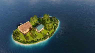 Island with a house in the sea,3D render