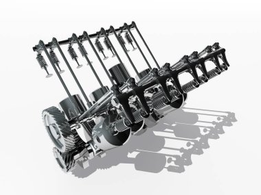 Arabanın motoru beyaz arka planda... 3D görüntüleme