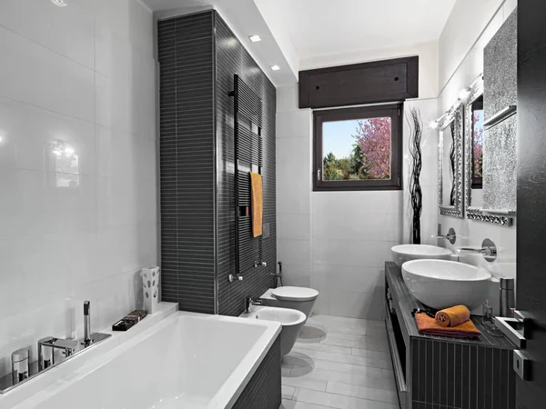 Modern Bathroom Interior Left Bathtub Front Vanity Unit Two Sinks —  Fotos de Stock
