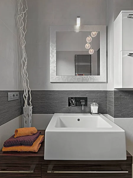 Modern Bathroom Interior Foreground Countertop Bathroom Sink — Zdjęcie stockowe