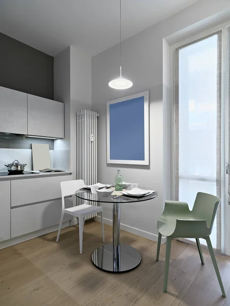 Planda Modern Beyaz Mutfakta Iki Renkli Sandalyeli Küçük Yuvarlak Bir — Stok fotoğraf
