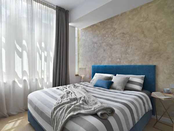 Yatak Odasının Içi Planda Modern Yatak Arka Planda Beyaz Çadırlı — Stok fotoğraf