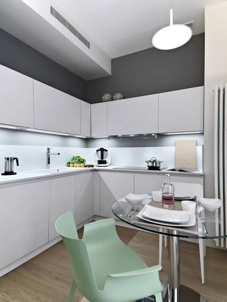 Interior Cozinha Moderna Primeiro Plano Uma Pequena Mesa Jantar Redonda — Fotografia de Stock