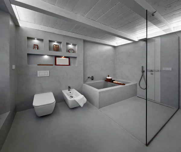 Moderno Cuarto Baño Interior Cubierto Resina Gris Con Bañera Ducha —  Fotos de Stock