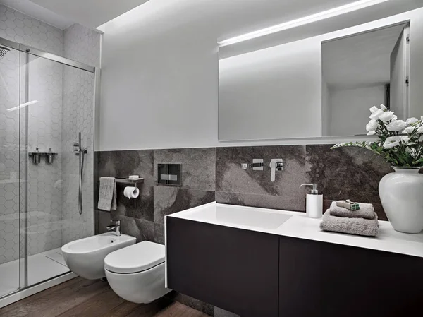 トイレボウル ガラスシャワーボックスを背景に洗面台を内蔵した洗面台キャビネットの前にある現代的なバスルームの内部ビュー — ストック写真