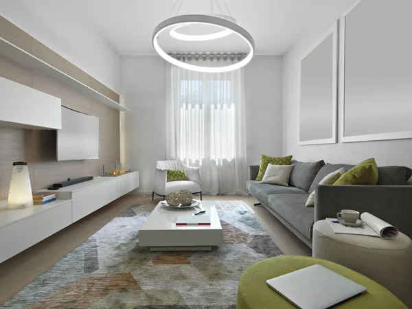 Moderne Wohnzimmereinrichtung Mit Sofa Und Holzboden lizenzfreie Stockbilder