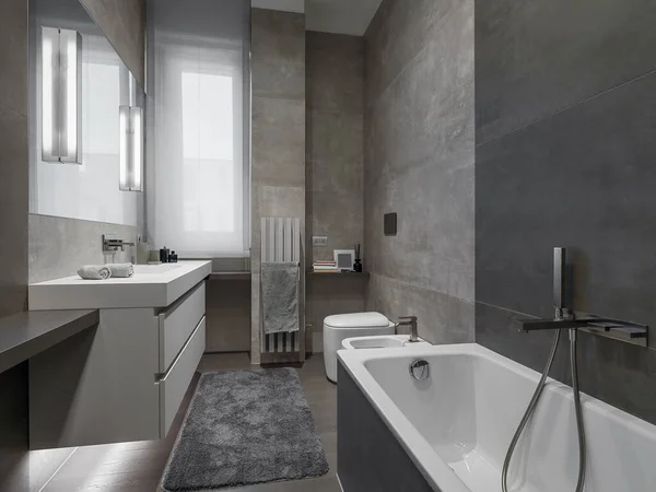 Belső Modern Fürdőszoba Előtérben Kád Háttérben Fürdőszoba Mosdó Szekrény Ablak — Stock Fotó