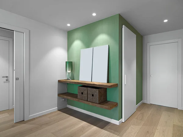 上のモダンな緑のランプが付いている2つの木製の棚の前のアパートのインテリアは 壁は緑の塊で 床は寄木細工で 左側と右側には白いスライドドアがあります — ストック写真