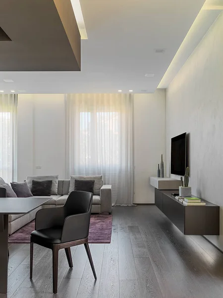 Interiérový Pohled Moderní Obývací Pokoj Dřevěnou Podlahou Popředí Židle Pozadí — Stock fotografie